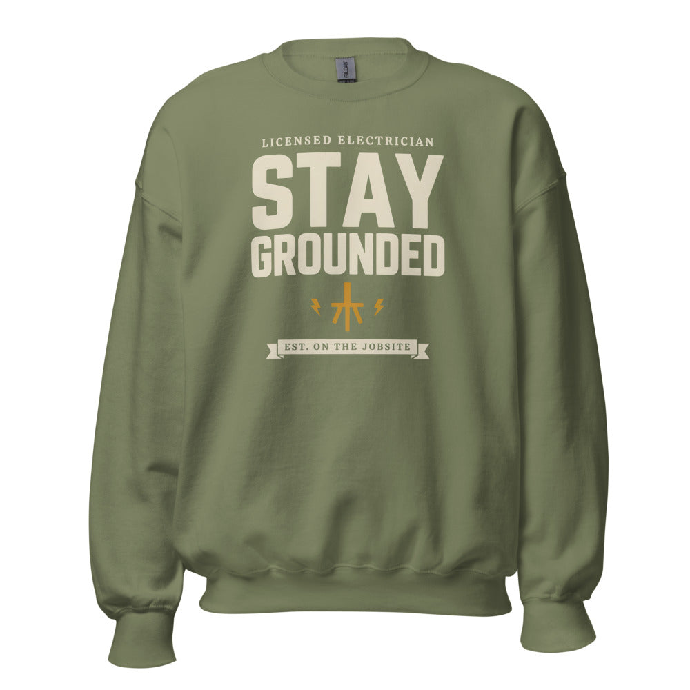 Stay Grounded funny electrician crewneck — Military Green, front