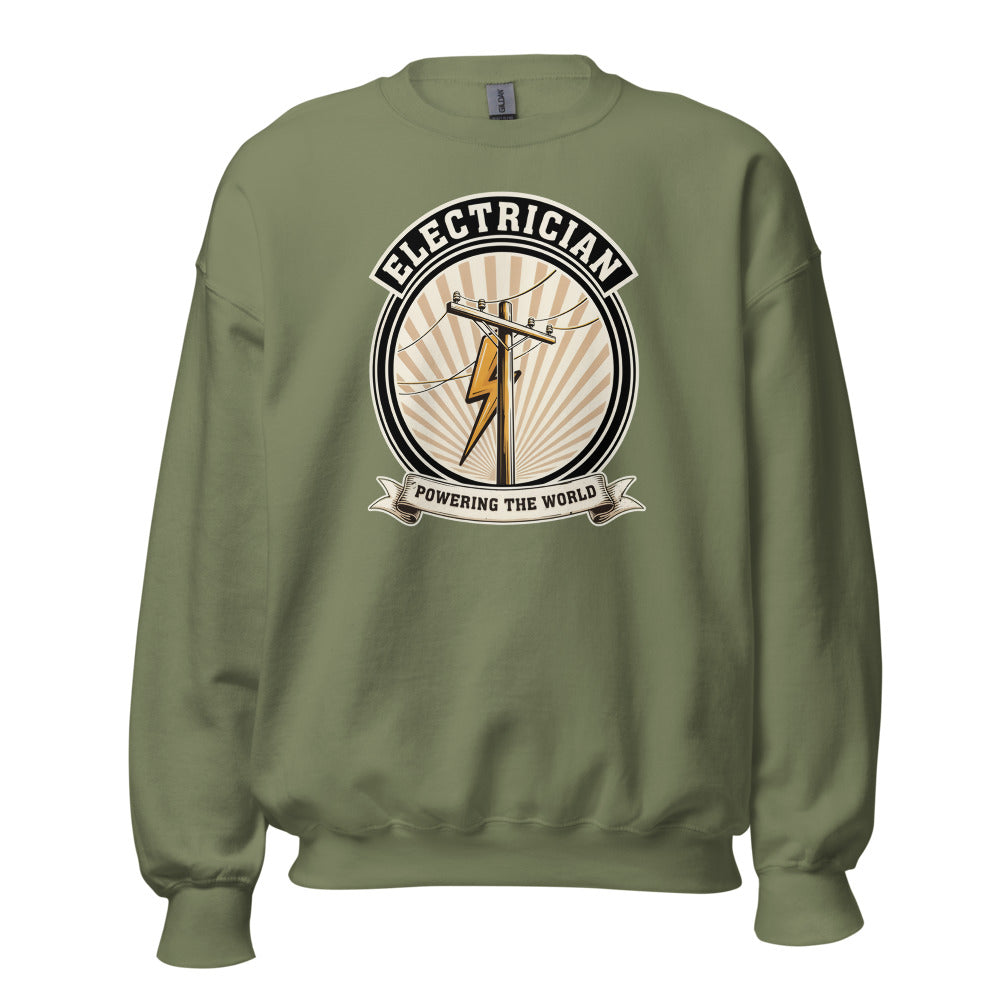 Powering The World electrician emblem crewneck — Military Green, front