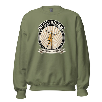 Powering The World electrician emblem crewneck — Military Green, front