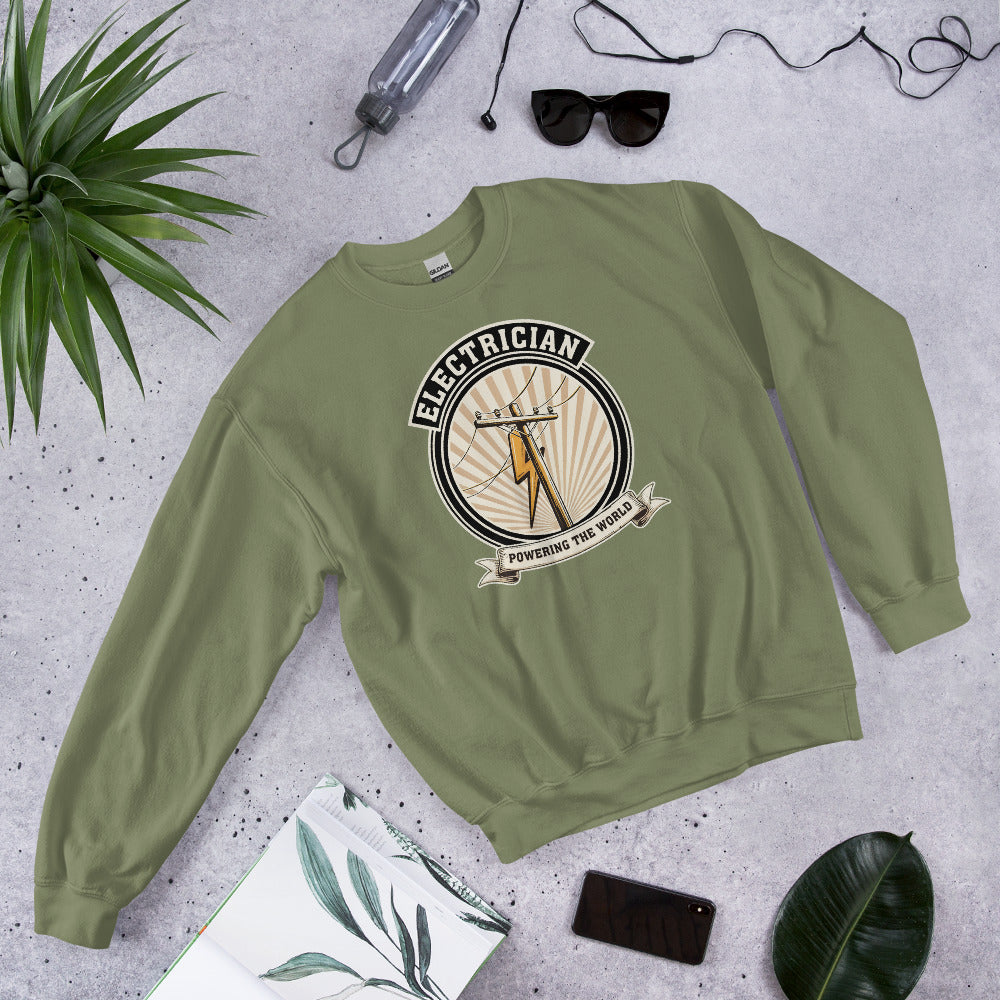 Powering The World electrician emblem crewneck — Military Green, flat lay