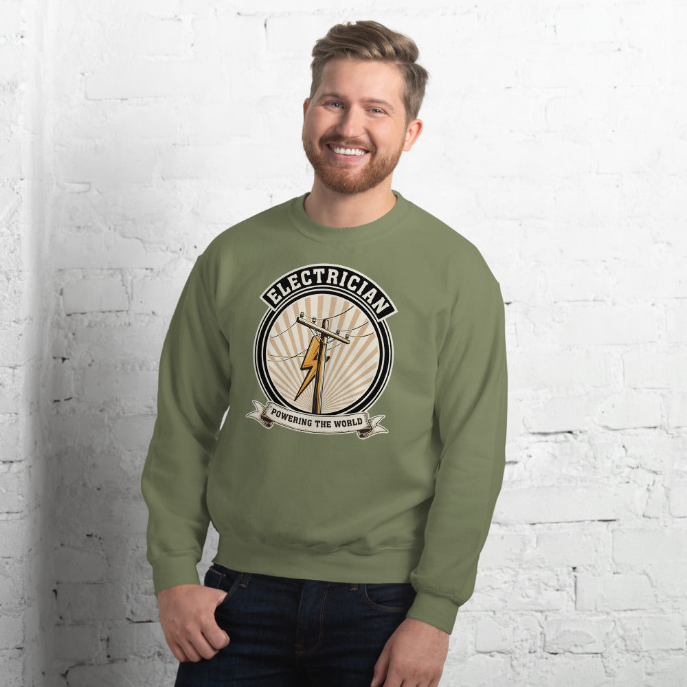 Powering The World electrician emblem crewneck — Military Green, on model