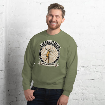 Powering The World electrician emblem crewneck — Military Green, on model