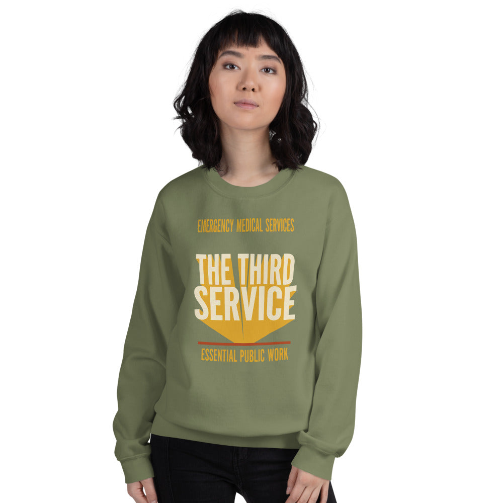 The Third Service EMS crewneck sweatshirt — Military Green, on model