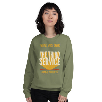 The Third Service EMS crewneck sweatshirt — Military Green, on model