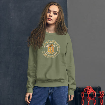 Firehouse Athletic Club retro firefighter emblem crewneck sweatshirt — Military Green, on model