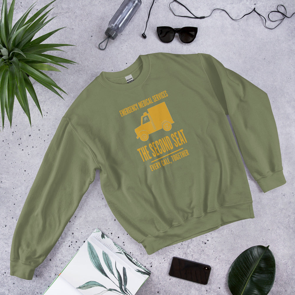 The Second Seat EMS paramedic crewneck — Military Green, flat lay