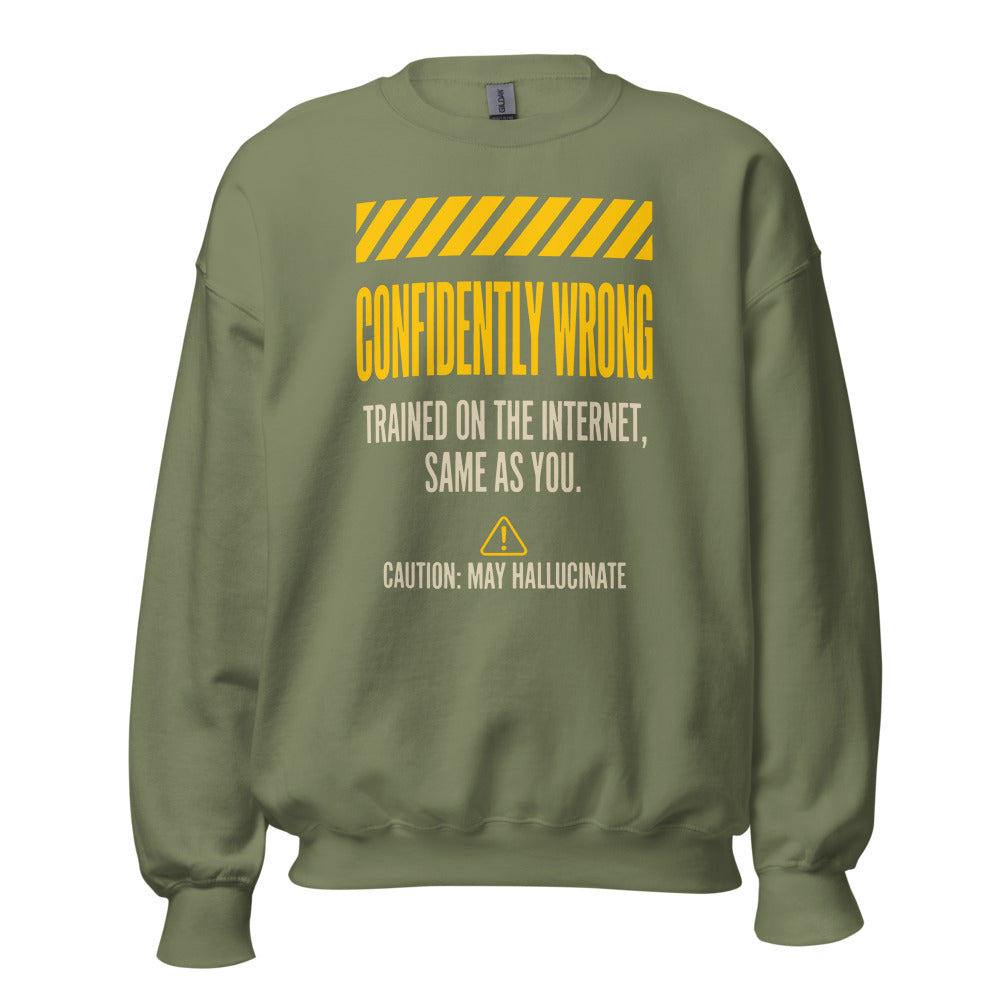 Confidently Wrong AI hazard-label crewneck sweatshirt — Military Green, front