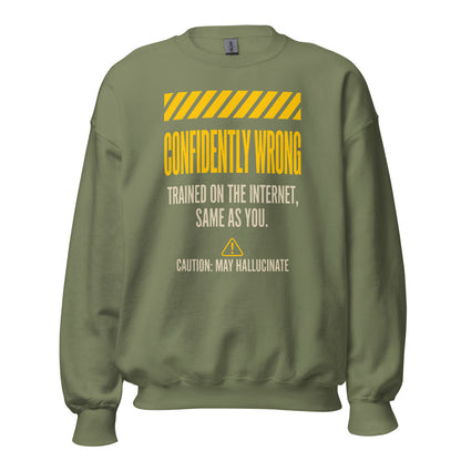 Confidently Wrong AI hazard-label crewneck sweatshirt — Military Green, front