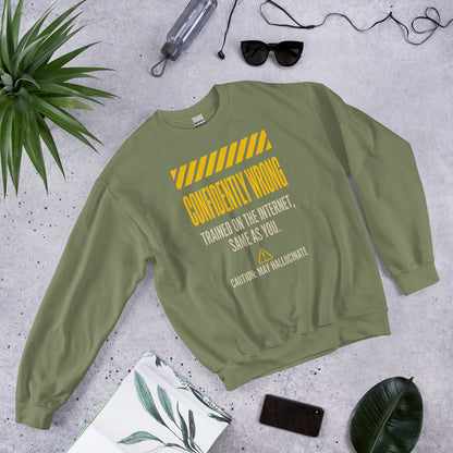 Confidently Wrong AI hazard-label crewneck sweatshirt — Military Green, flat lay