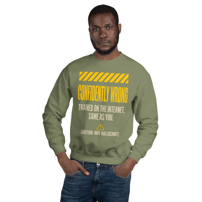 Confidently Wrong AI hazard-label crewneck sweatshirt — Military Green, on model