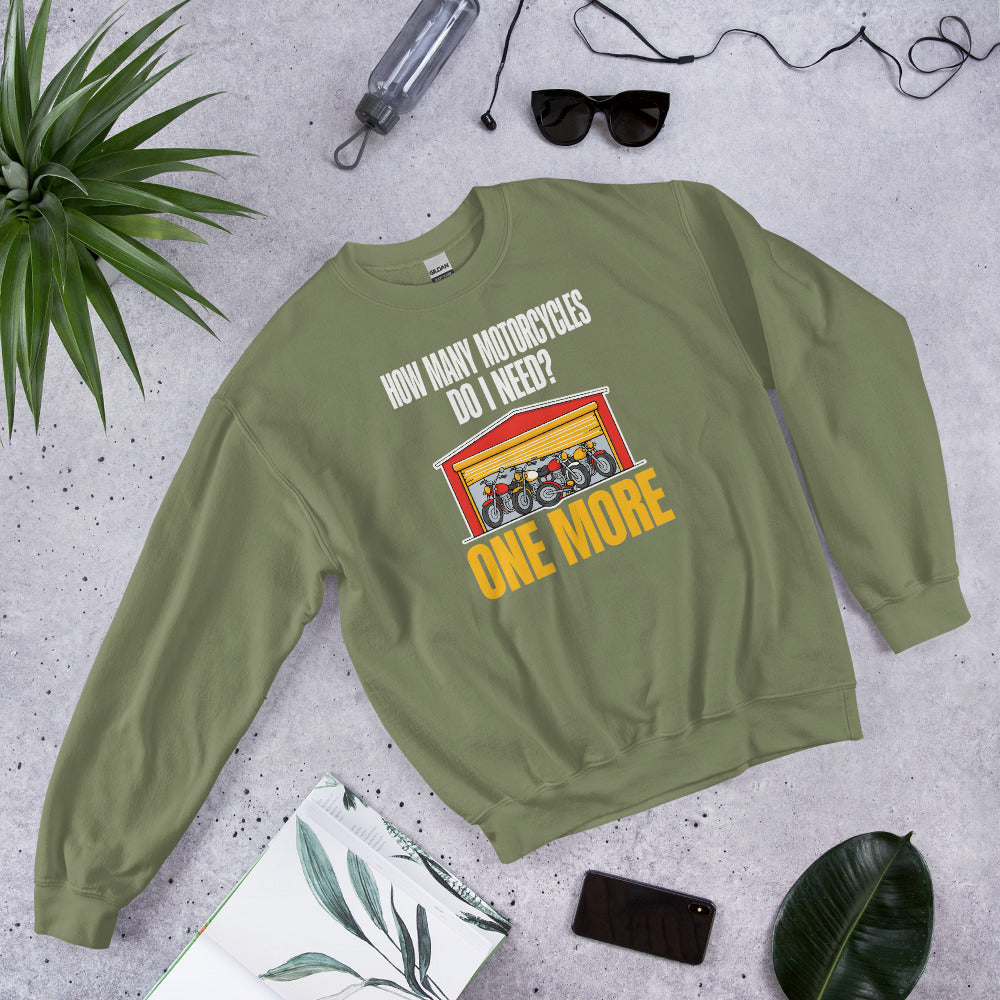 One More funny motorcycle crewneck sweatshirt — Military Green, flat lay