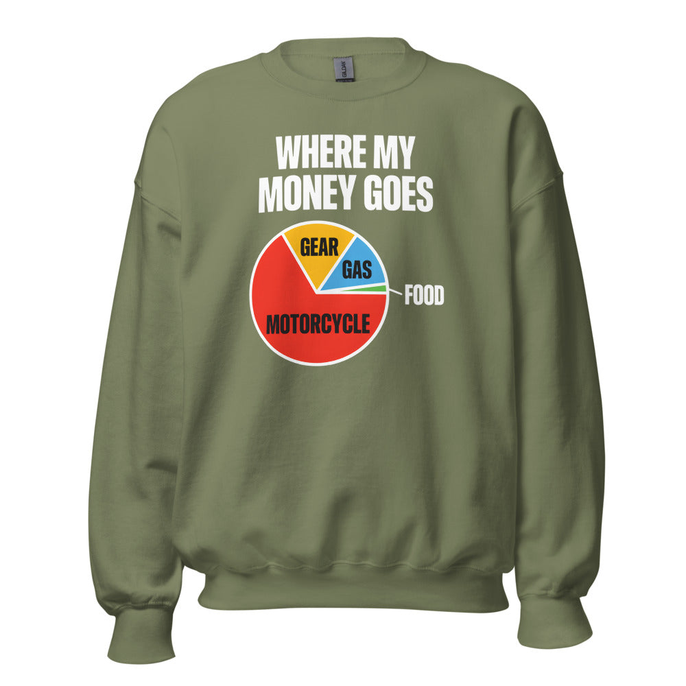 Where My Money Goes funny motorcycle crewneck sweatshirt — Military Green, front
