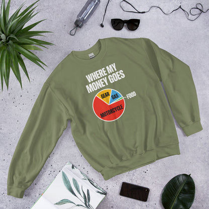 Where My Money Goes funny motorcycle crewneck sweatshirt — Military Green, flat lay