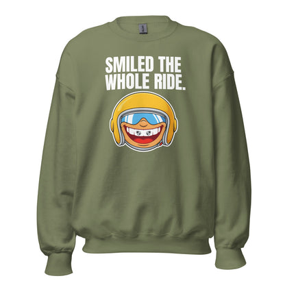 Smiled The Whole Ride funny motorcycle crewneck sweatshirt — Military Green, front