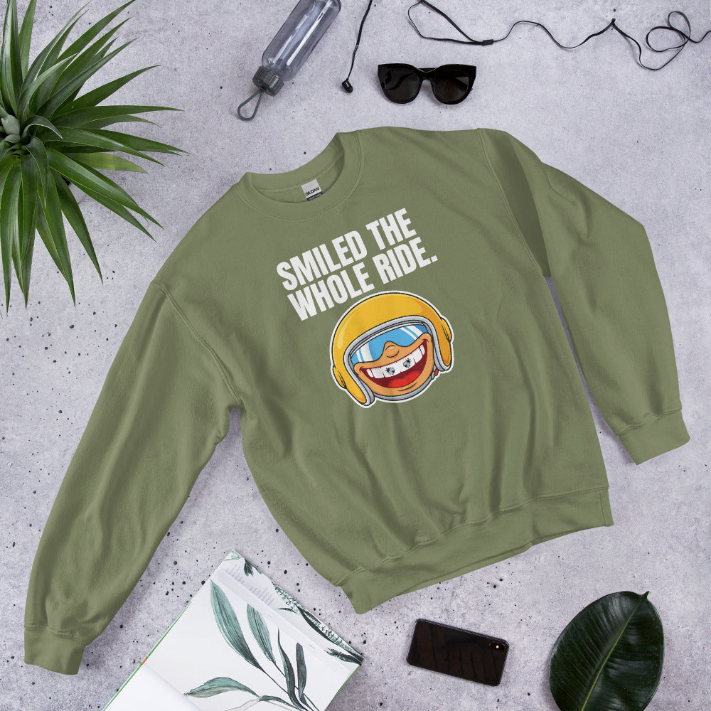Smiled The Whole Ride funny motorcycle crewneck sweatshirt — Military Green, flat lay