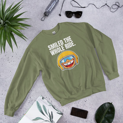 Smiled The Whole Ride funny motorcycle crewneck sweatshirt — Military Green, flat lay