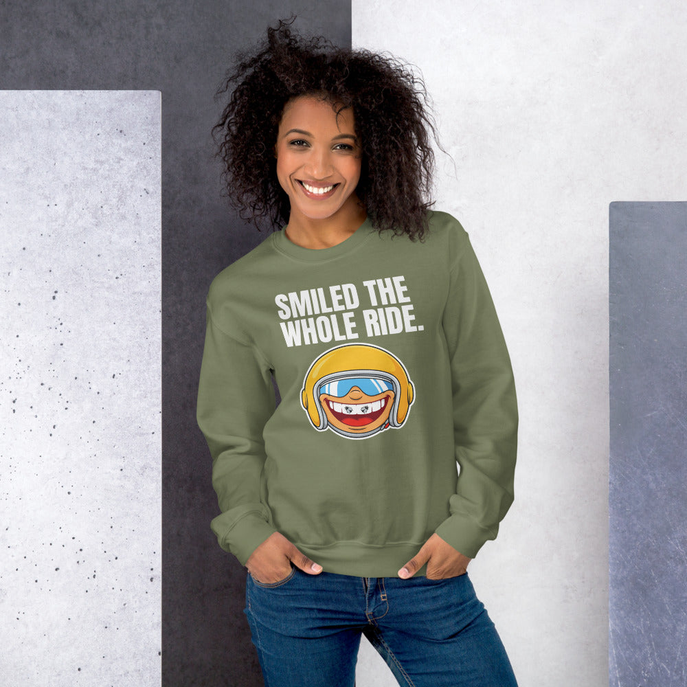 Smiled The Whole Ride funny motorcycle crewneck sweatshirt — Military Green, on model