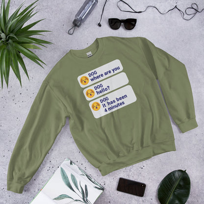 It Has Been 4 Minutes funny dog dad crewneck sweatshirt — Military Green, flat lay