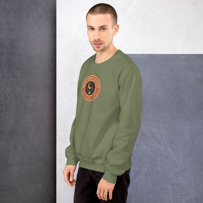 Night Shift Society retro registered nurse badge crewneck sweatshirt — Military Green, on model