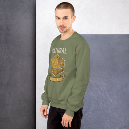 Natural 20 critical hit d20 tabletop RPG crewneck sweatshirt — Military Green, on model