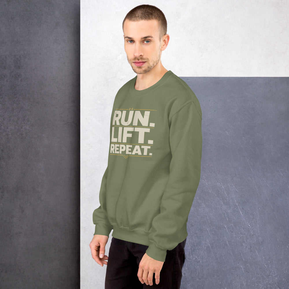 Run Lift Repeat vintage athletic crewneck sweatshirt — Military Green, on model