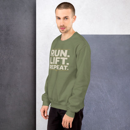 Run Lift Repeat vintage athletic crewneck sweatshirt — Military Green, on model
