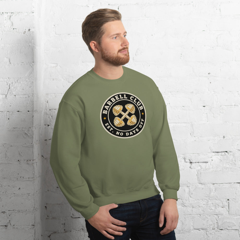 Barbell Club No Days Off vintage gym crewneck sweatshirt — Military Green, on model