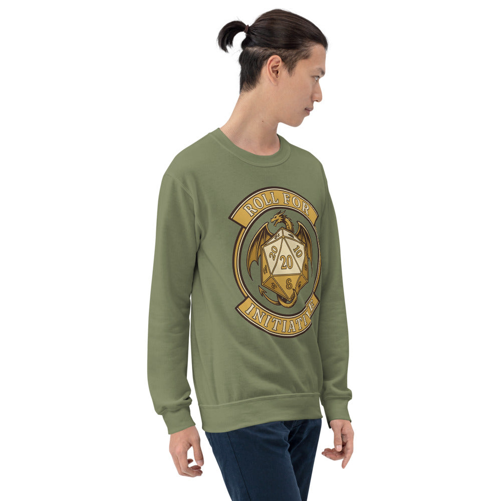 Roll For Initiative d20 dragon tabletop RPG crewneck sweatshirt — Military Green, on model