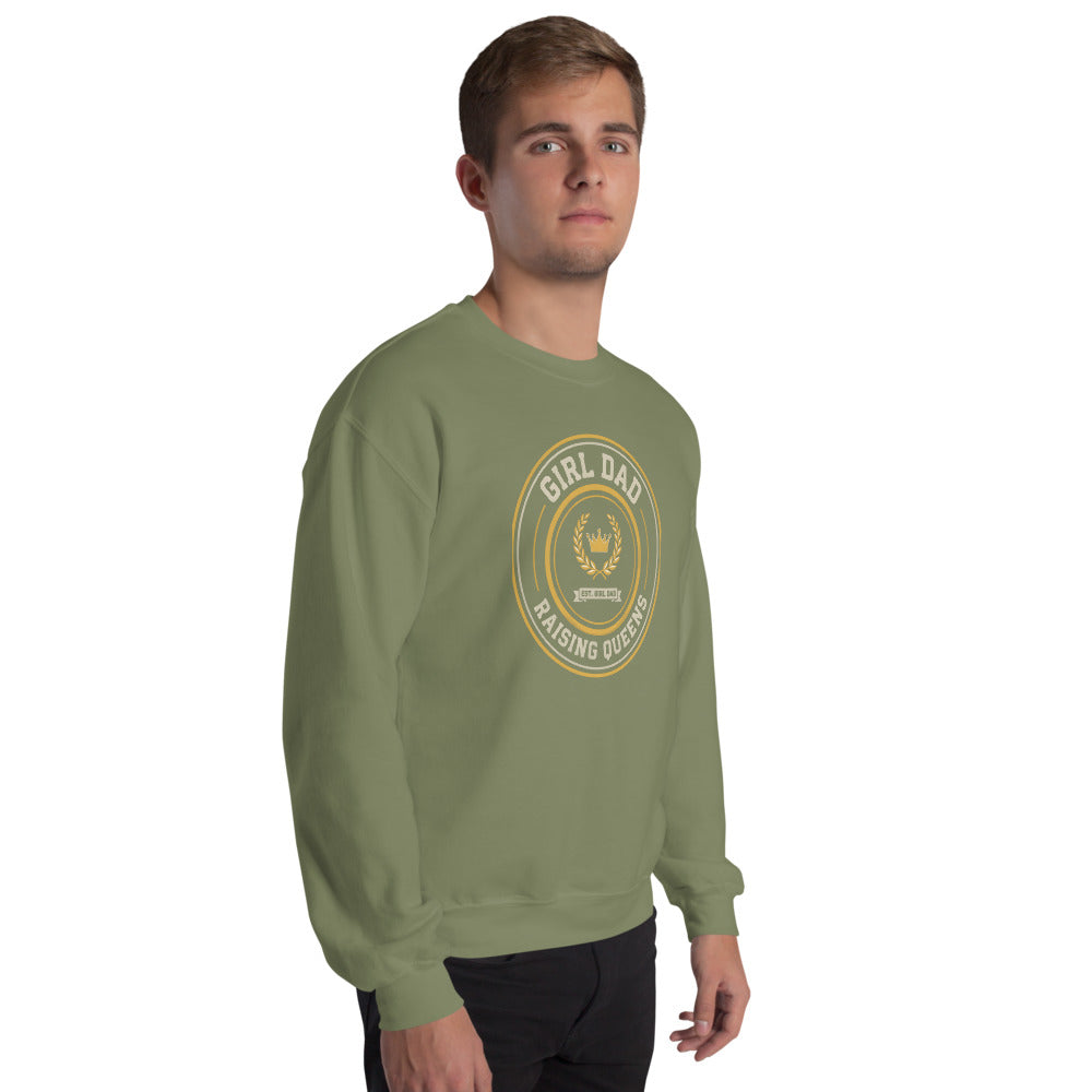 Girl Dad Raising Queens crest crewneck sweatshirt — Military Green, on model