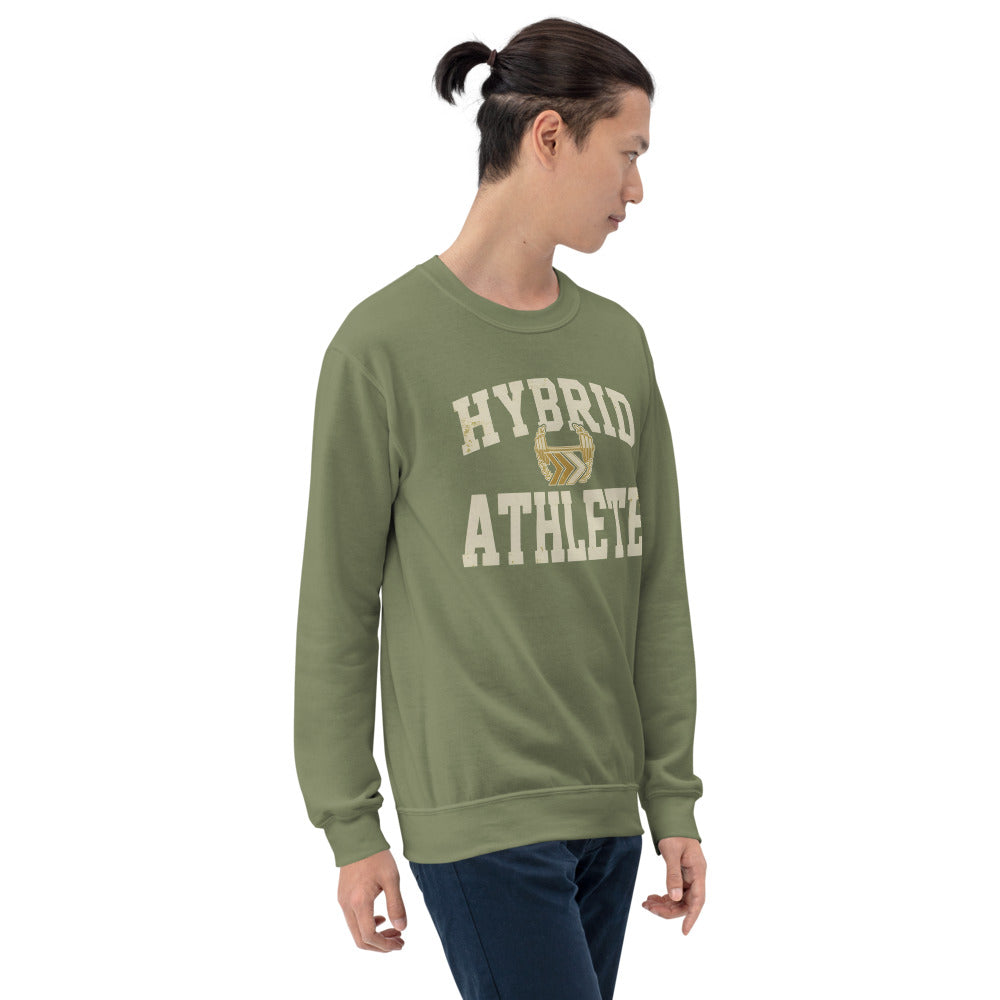 Hybrid Athlete vintage varsity crewneck sweatshirt — Military Green, on model