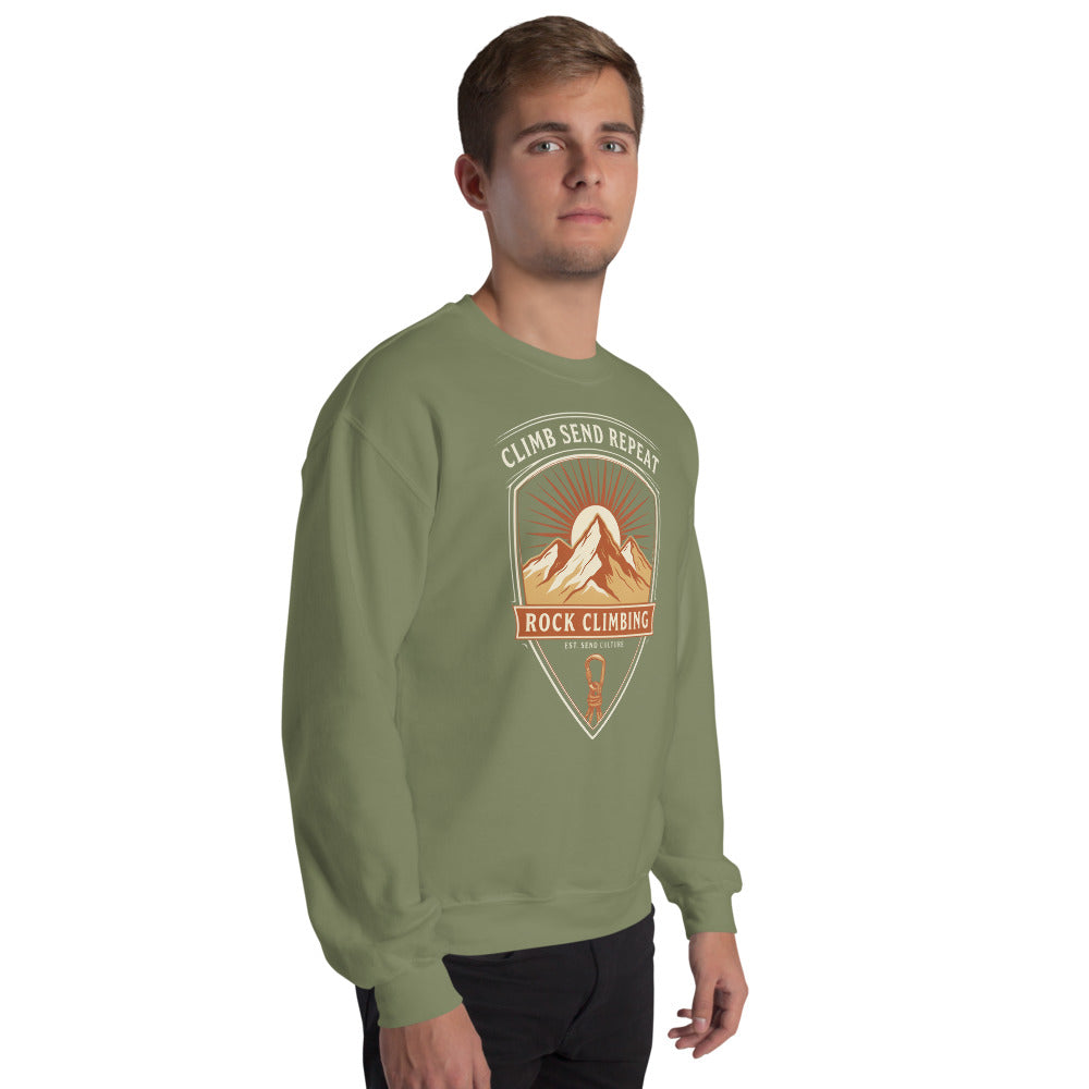 Climb Send Repeat mountaineering crest crewneck sweatshirt — Military Green, on model