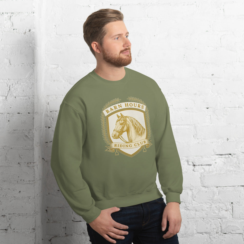 Barn Hours Riding Club vintage equestrian stable crest crewneck sweatshirt — Military Green, on model
