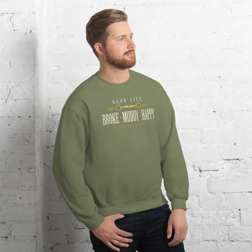 Broke Muddy Happy funny barn life equestrian crewneck sweatshirt — Military Green, on model