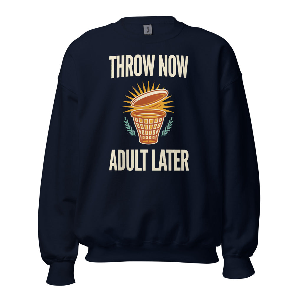 Throw Now Adult Later disc golf retro crewneck sweatshirt — Navy, front