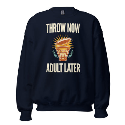 Throw Now Adult Later disc golf retro crewneck sweatshirt — Navy, front