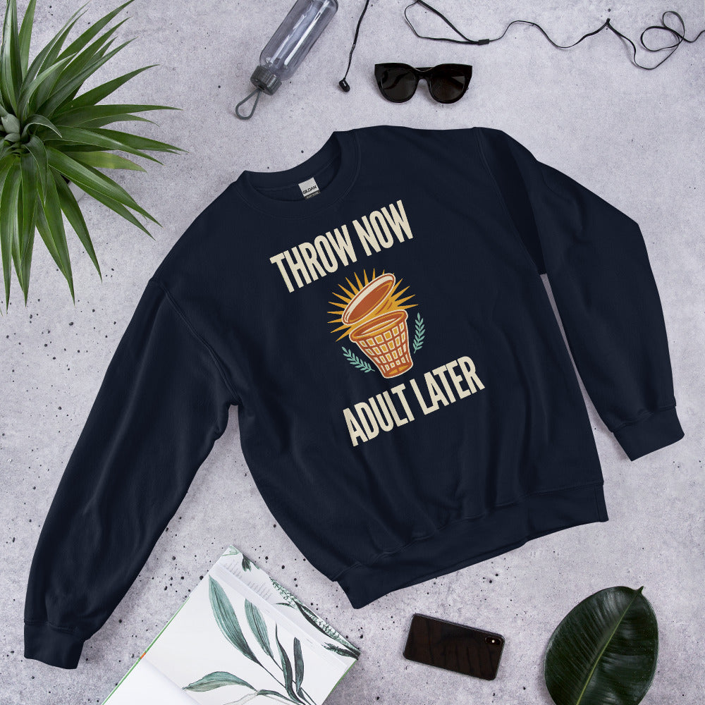 Throw Now Adult Later disc golf retro crewneck sweatshirt — Navy, front angle