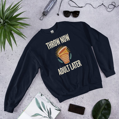 Throw Now Adult Later disc golf retro crewneck sweatshirt — Navy, front angle