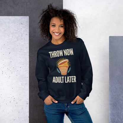 Throw Now Adult Later disc golf retro crewneck sweatshirt — Navy, on model