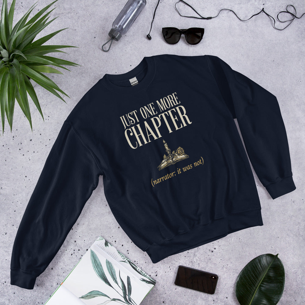 Just One More Chapter book lover dark academia crewneck sweatshirt — Navy, front right