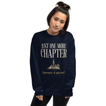 Model wearing the Just One More Chapter book lover crewneck — Navy