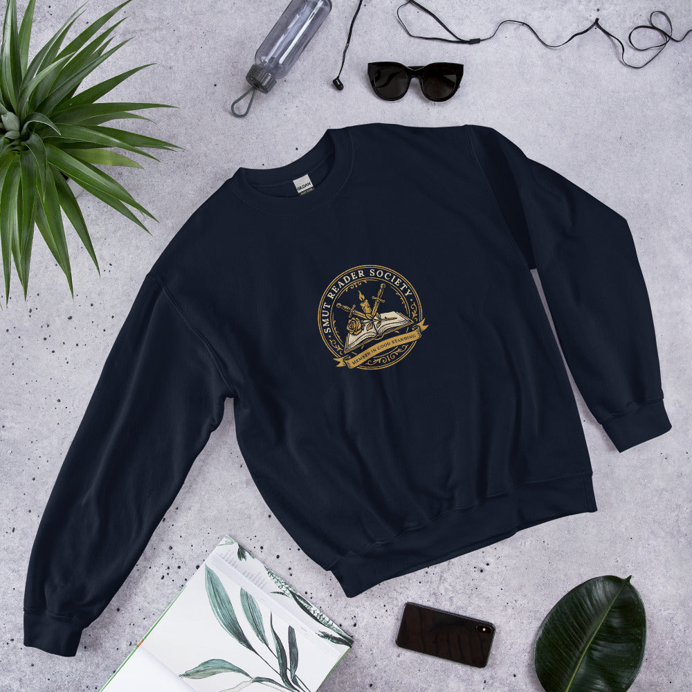 Smut Reader Society book lover dark academia crewneck sweatshirt — Navy, front angled