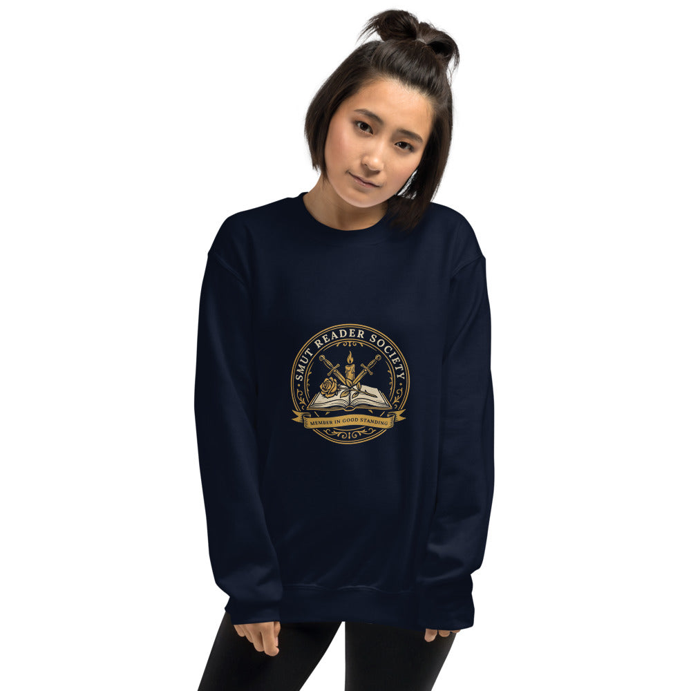 Smut Reader Society book lover dark academia crewneck sweatshirt — Navy, on model