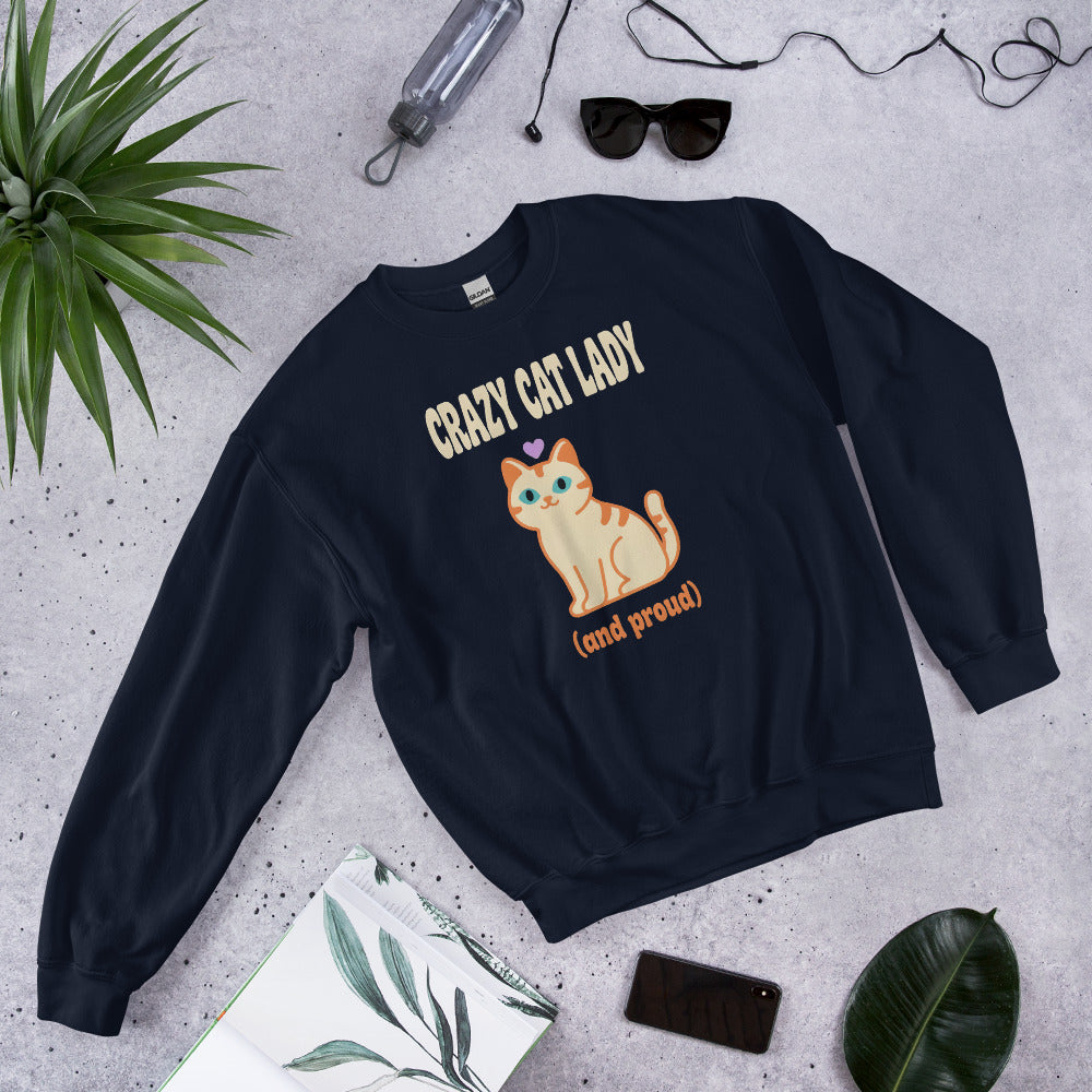 Crazy Cat Lady and Proud retro Y2K crewneck sweatshirt — Navy, front angled