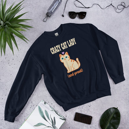Crazy Cat Lady and Proud retro Y2K crewneck sweatshirt — Navy, front angled