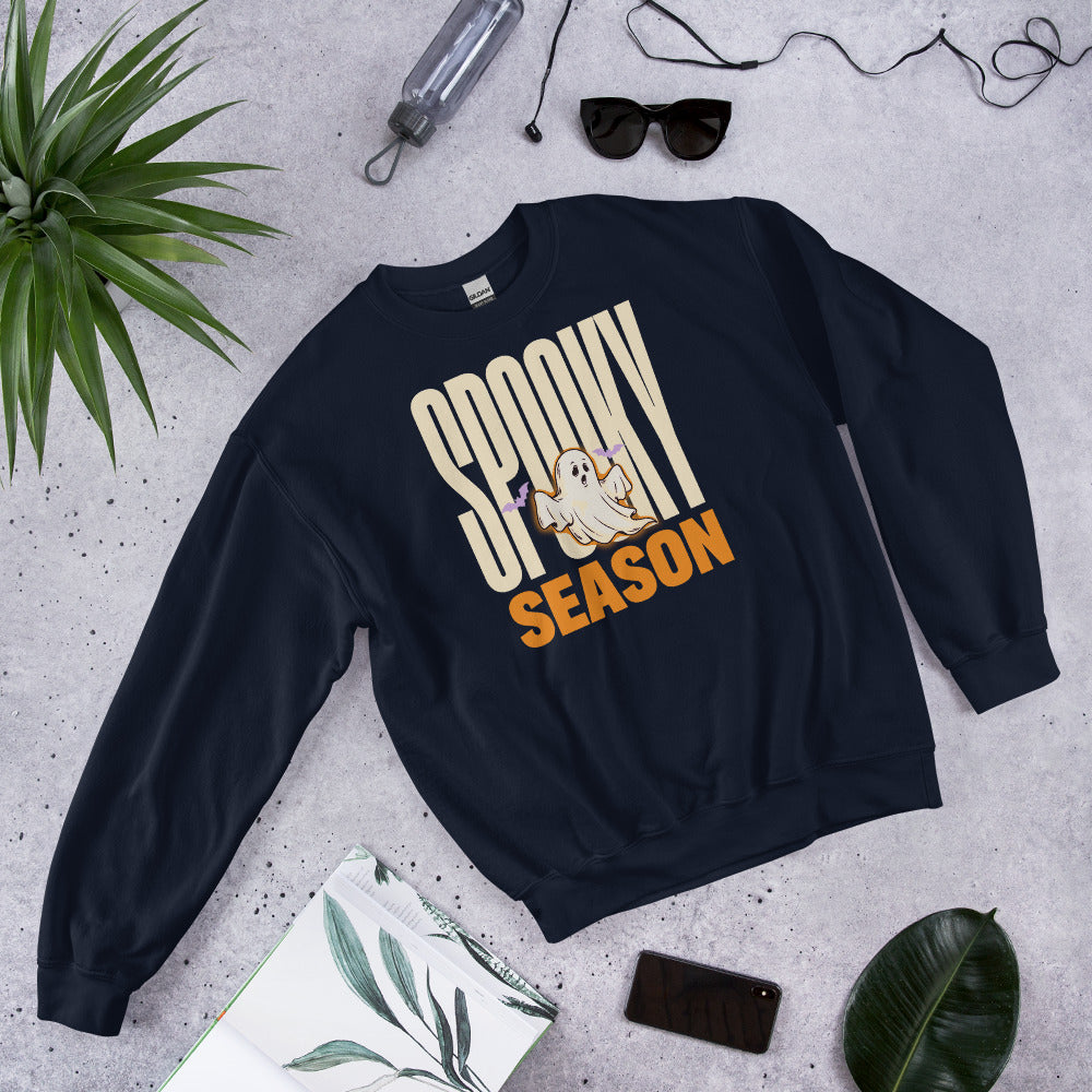 Spooky Season retro Halloween ghost typography crewneck sweatshirt — Navy, front angled