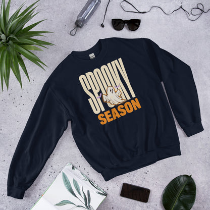 Spooky Season retro Halloween ghost typography crewneck sweatshirt — Navy, front angled