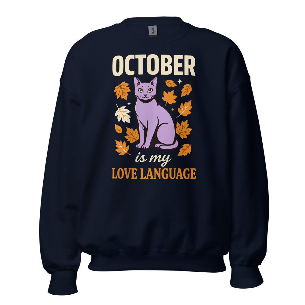 October Is My Love Language retro Halloween black cat crewneck sweatshirt — Navy, front