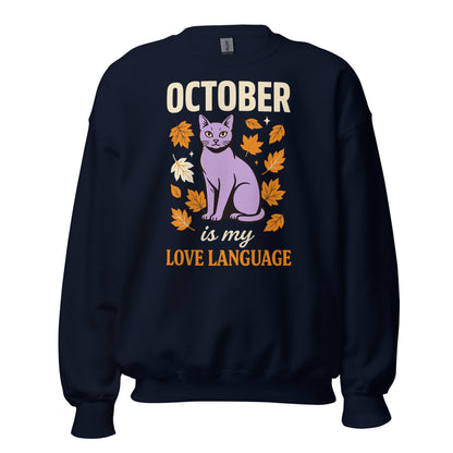 October Is My Love Language retro Halloween black cat crewneck sweatshirt — Navy, front