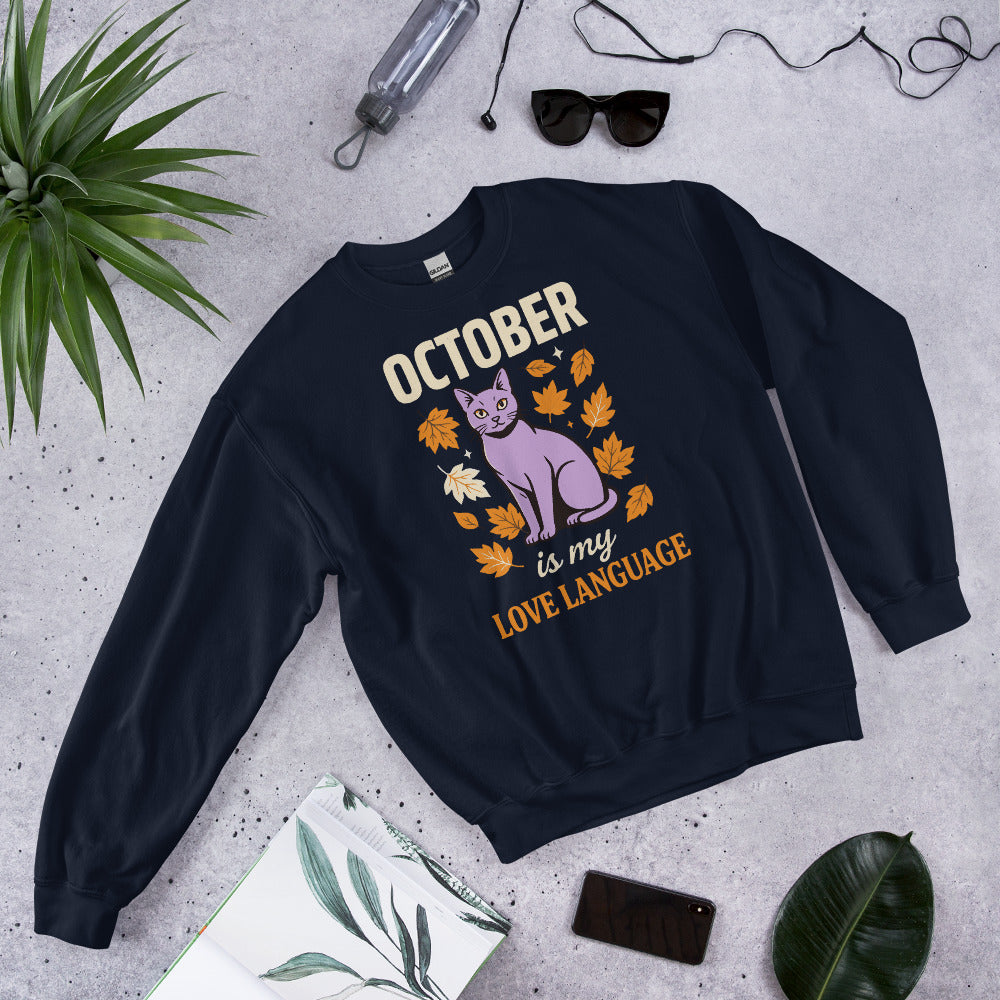 October Is My Love Language retro Halloween black cat crewneck sweatshirt — Navy, front view