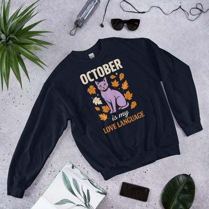October Is My Love Language retro Halloween black cat crewneck sweatshirt — Navy, front view